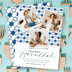 Geometric Navy Blue Stars Of David Hanukkah Photo Holiday Card
