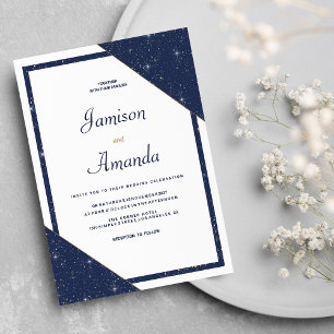 Geometric navy blue white gold glitter Wedding Invitation