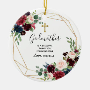 Geometric Navy Burgundy Floral Godmother keepsake Ceramic Ornament