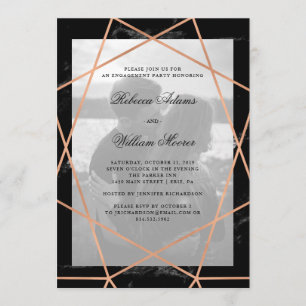 Geometric on Black Marble   Photo Engagement Party Invitation