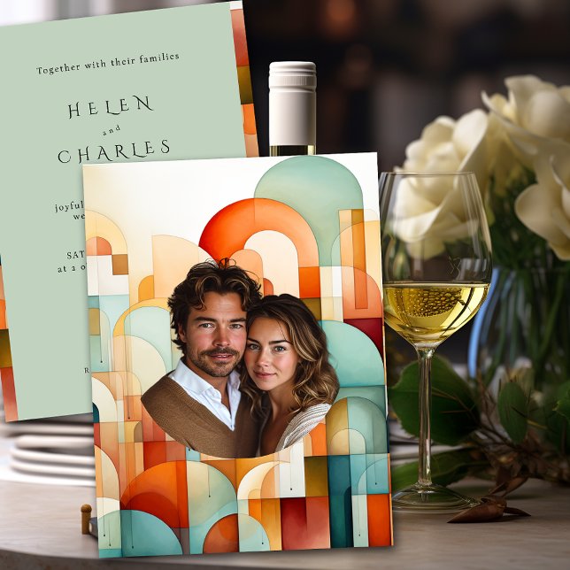 Geometric Orange Blue Peach Turquoise Wedding Invitation (Creator Uploaded)