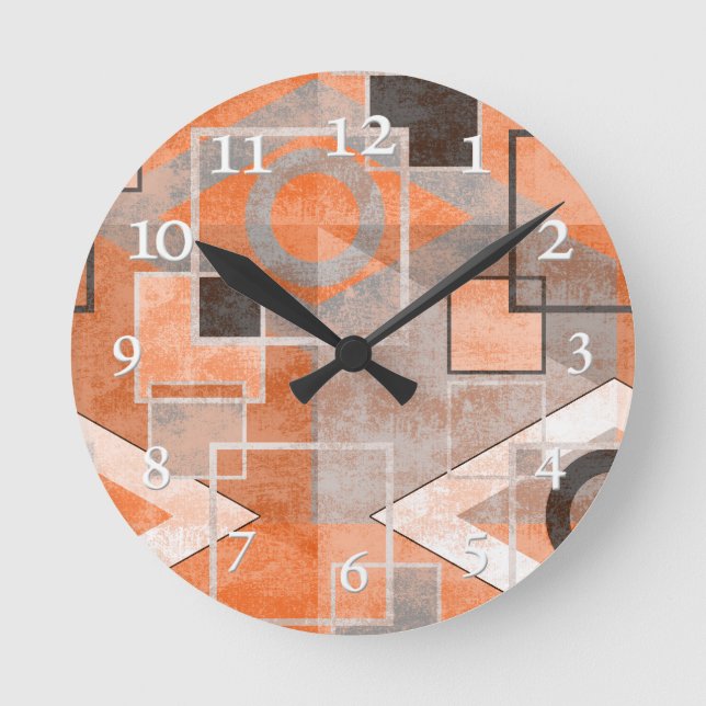 Geometric orange gray grunge stylish round clock (Front)