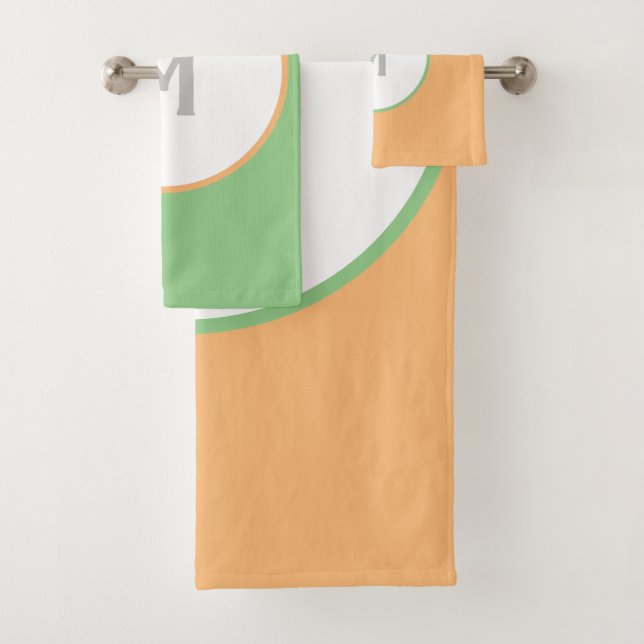 Geometric Orange Green Silver Monogram Bath Towel Set (Insitu)