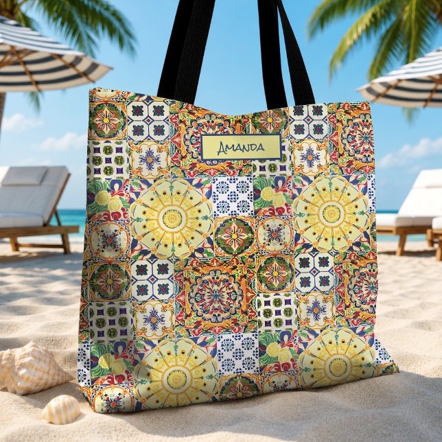 Geometric Orange Mediterranean Tiles Monogram Tote Bag (Creator Uploaded)