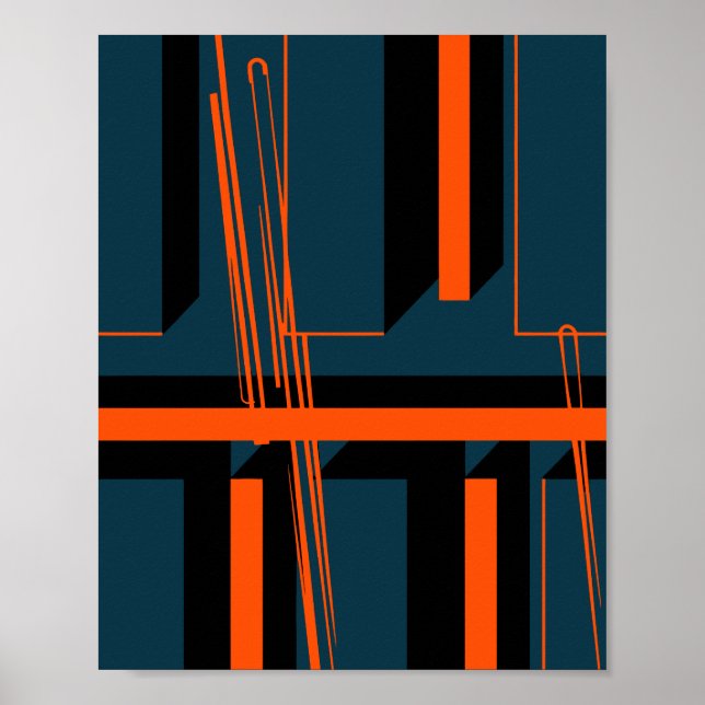 Geometric Orange Stripes Across Dark Shapes Poster (Front)