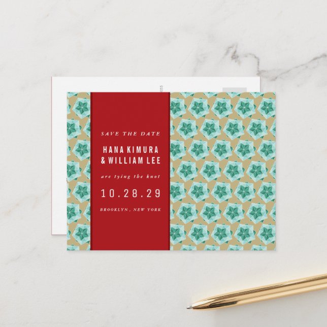 Geometric Origami Ball Asian Wedding Save The Date Announcement Postcard (Front/Back In Situ)
