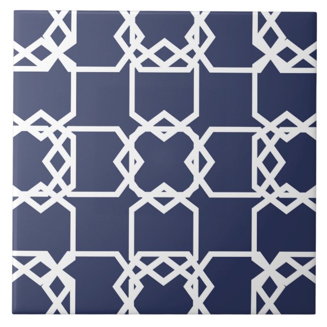 Geometric, ornamental, modern, navy blue, white ceramic tile (Front)
