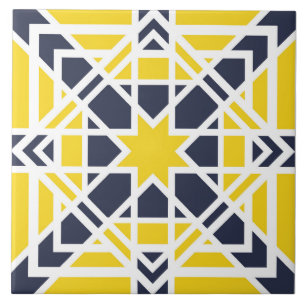 Geometric, ornamental, mustard yellow, navy blue ceramic tile
