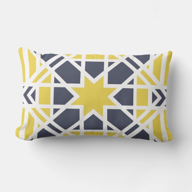 Geometric, ornamental, mustard yellow, navy blue lumbar cushion (Front)