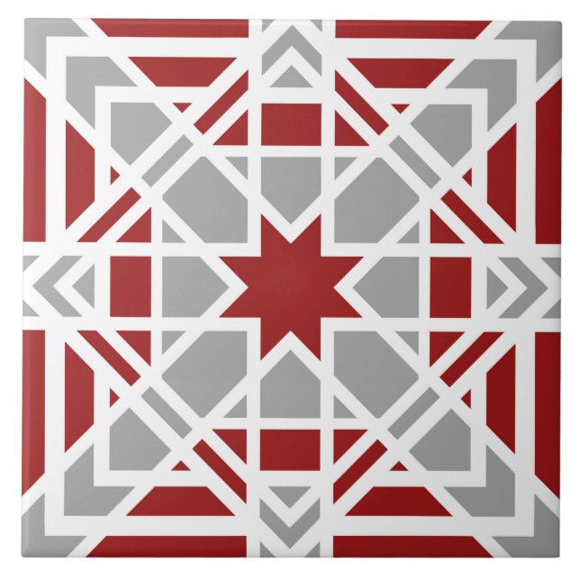 Geometric, ornamental, red, white, light grey ceramic tile (Front)