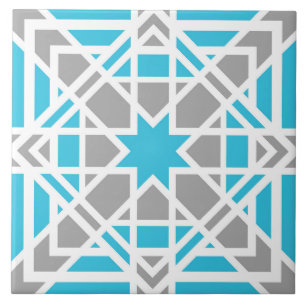 Geometric, ornamental, teal, white, light grey ceramic tile