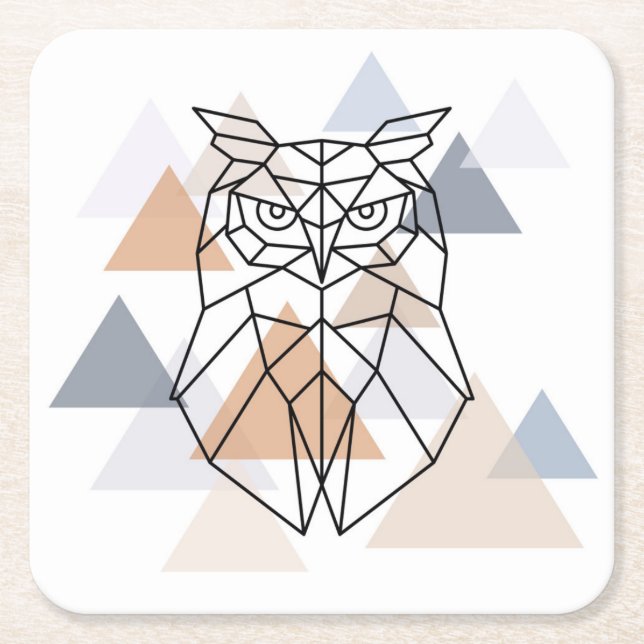 Geometric Owl Design Square Paper Coaster (Front)