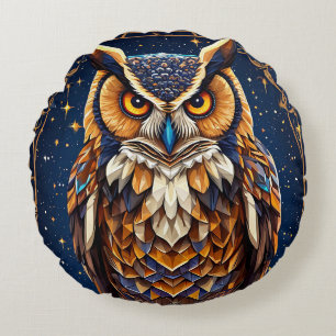Geometric owl with vibrant colours round cushion