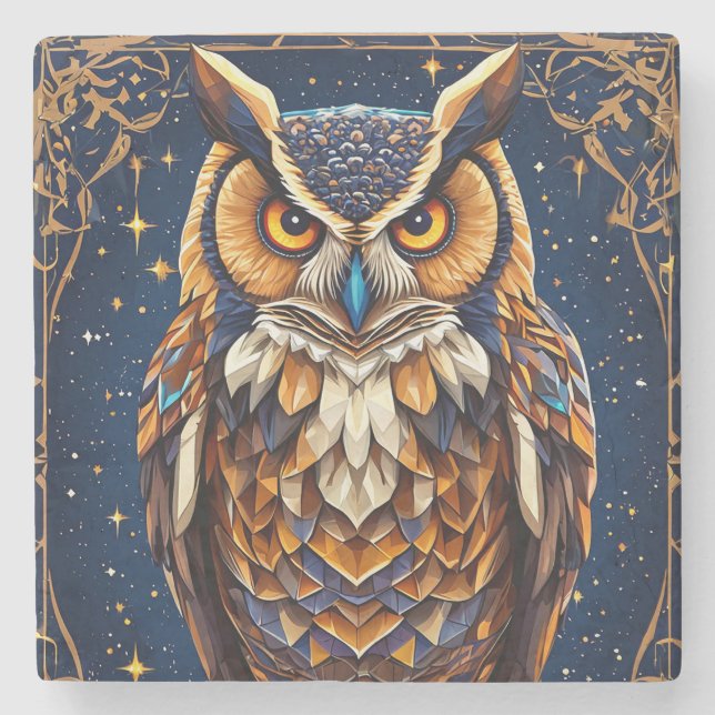 Geometric owl with vibrant colours stone coaster (Front)