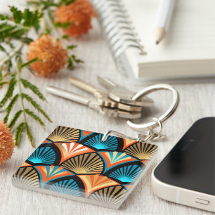 Geometric palm leaves golden pattern in Art Deco Key Ring