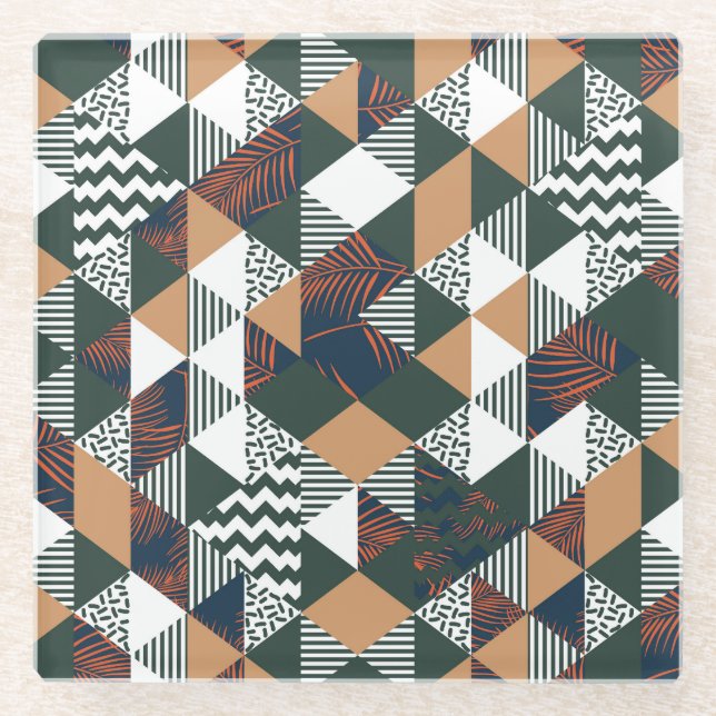 Geometric palm leaves, trendy pattern glass coaster (Front)