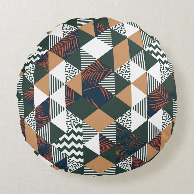 Geometric palm leaves, trendy pattern round cushion (Front)