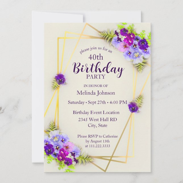 Geometric Pansy Floral 40th Birthday Invitation (Front)