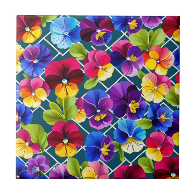 Geometric Pansy Flowers Vibrant Ceramic Tile (Front)