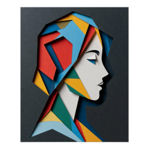Geometric Paper-Cut Woman Profile Poster