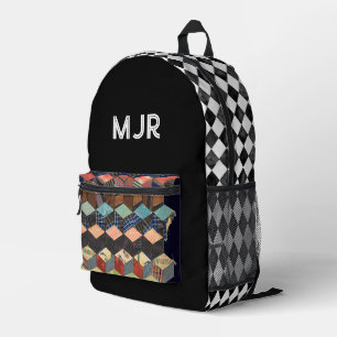 Geometric Patchwork Diamond Monogram Harlequin Printed Backpack