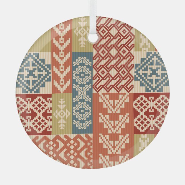 Geometric Patchwork Ethnic Seamless Pattern Glass Tree Decoration (Front)