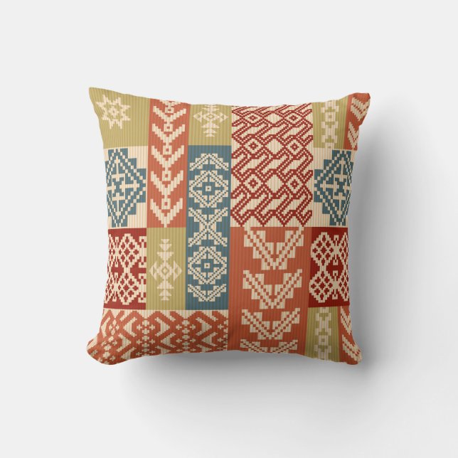 Geometric patchwork ornamental ethnic pattern cushion (Front)