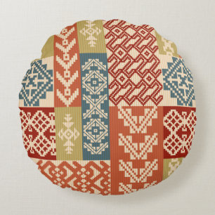Geometric patchwork ornamental ethnic pattern round cushion