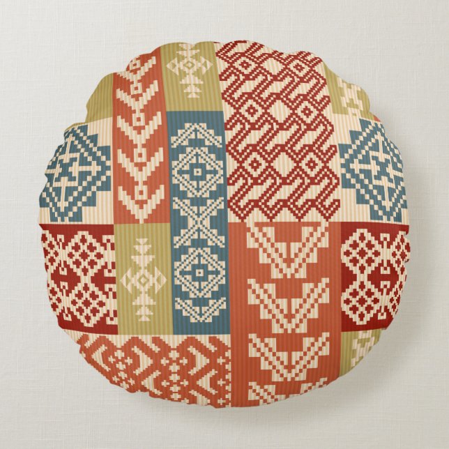 Geometric patchwork ornamental ethnic pattern round cushion (Front)