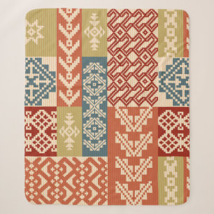 Geometric patchwork ornamental ethnic pattern sherpa blanket