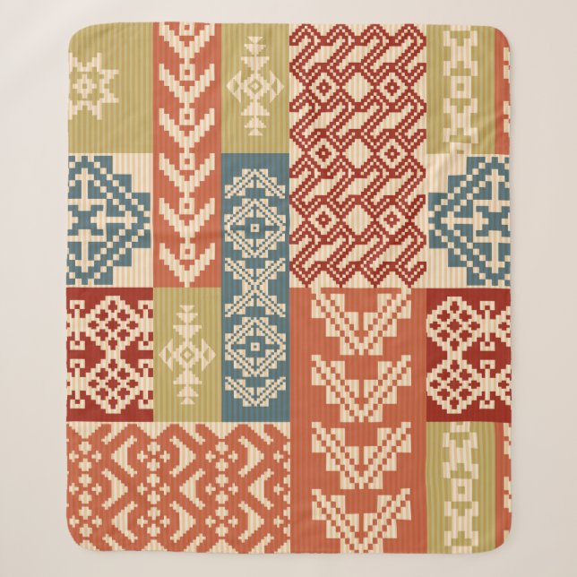Geometric patchwork ornamental ethnic pattern sherpa blanket (Front)