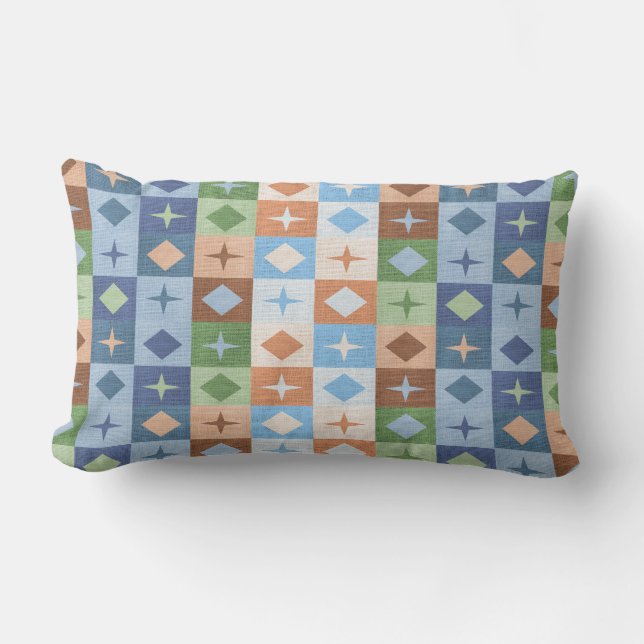 Geometric Pattern Blue Green Brown Tan Lumbar Cushion (Front)