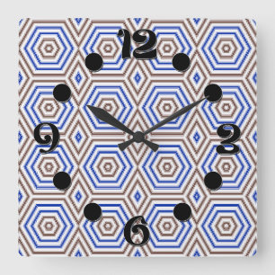 Geometric pattern figures retro brown blue square wall clock