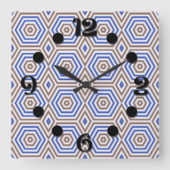 Geometric pattern figures retro brown blue square wall clock (Front)