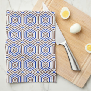 Geometric pattern figures retro brown blue tea towel