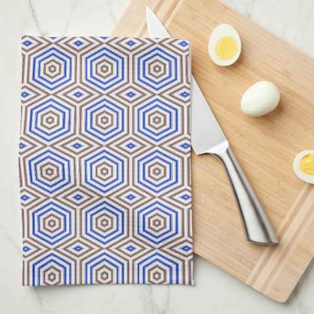 Geometric pattern figures retro brown blue tea towel (Quarter Fold)