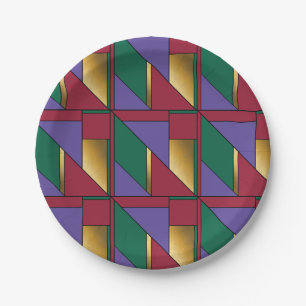 Geometric Pattern Gold Purple Green Red Paper Plate