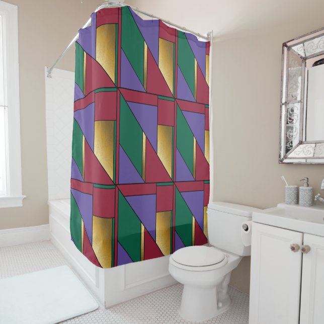 Geometric Pattern Gold Purple Green Red Shower Curtain (In Situ)