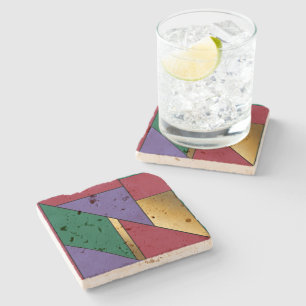 Geometric Pattern Gold Purple Green Red Stone Coaster
