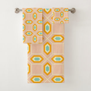 Geometric pattern in blue and orange diamond shape bath towel set