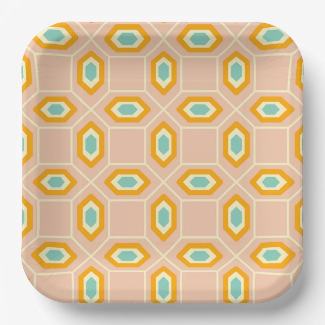 Geometric pattern in blue and orange diamond shape paper plate (Front)