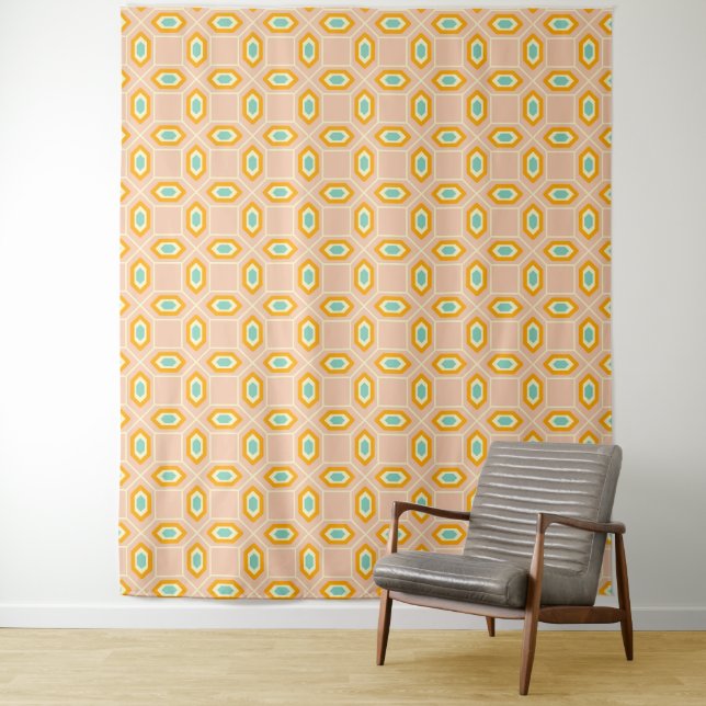 Geometric pattern in blue and orange diamond shape tapestry (In Situ)