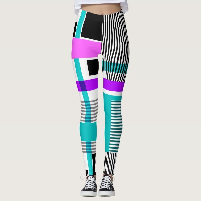 geometric pattern in striped and neon colours leggings (Front)