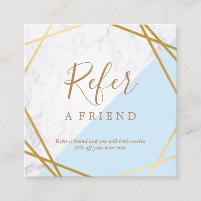 Geometric Pattern Marble Gold Light Blue Referral Square Business Card (Front)