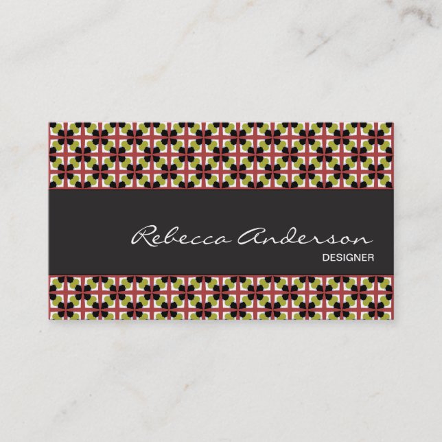 Geometric pattern maroon, olive, & black business card (Front)