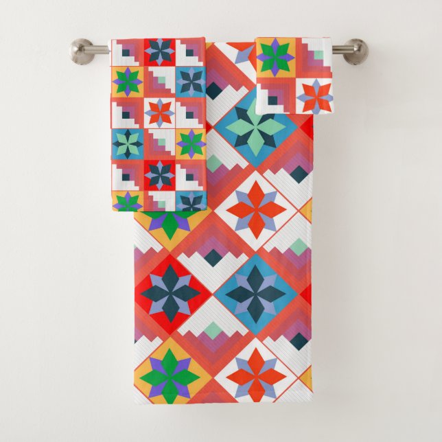 Geometric pattern multicolored patchwork  bath towel set (Insitu)
