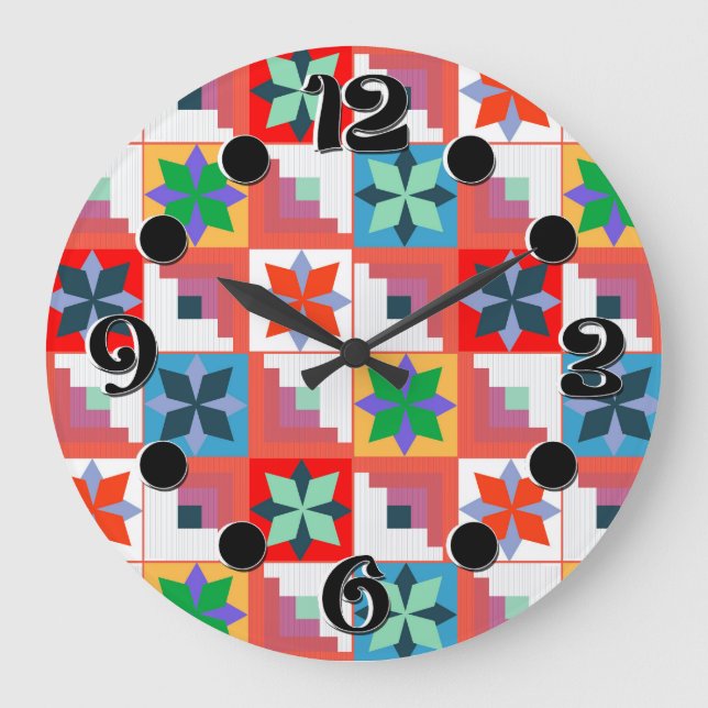 Geometric pattern multicolored patchwork  large clock (Front)