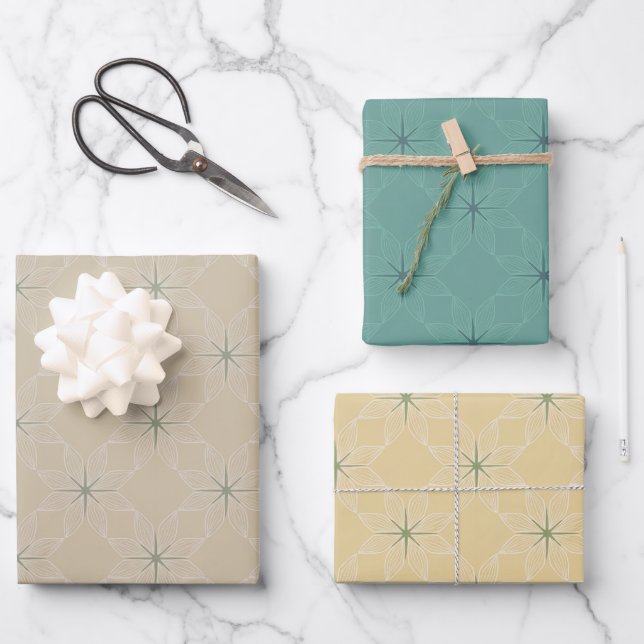 Geometric Pattern | Muted Teal, Gold and Taupe Wrapping Paper Sheet (Front)
