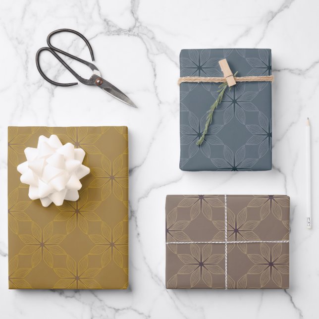 Geometric Pattern | Ochre, Dusty Stone, Slate Blue Wrapping Paper Sheet (Front)