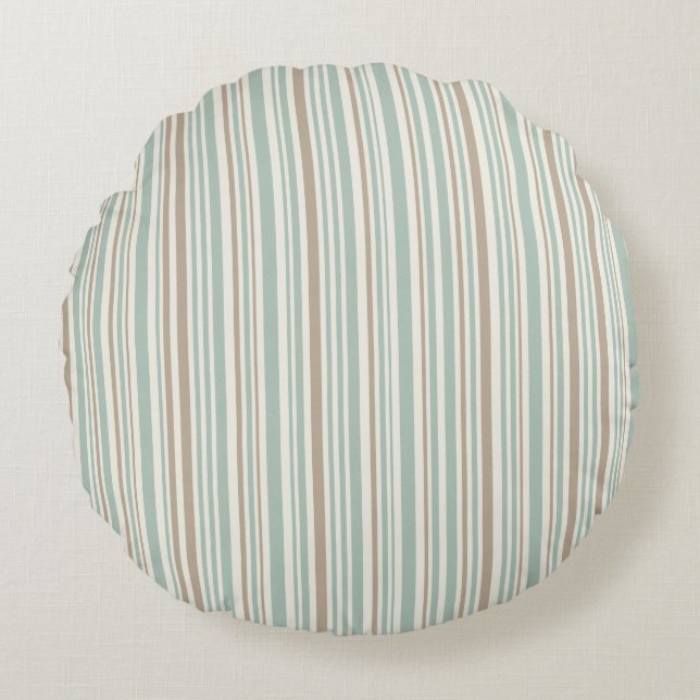 Geometric pattern of brown and green lines round cushion (Front)